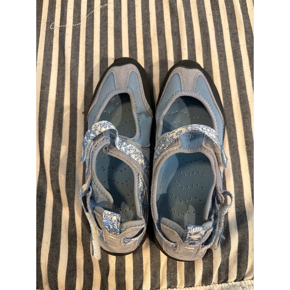 Lands End Womens Light Blue Suede Mesh Mary Jane Hiking Shoes Floral Straps